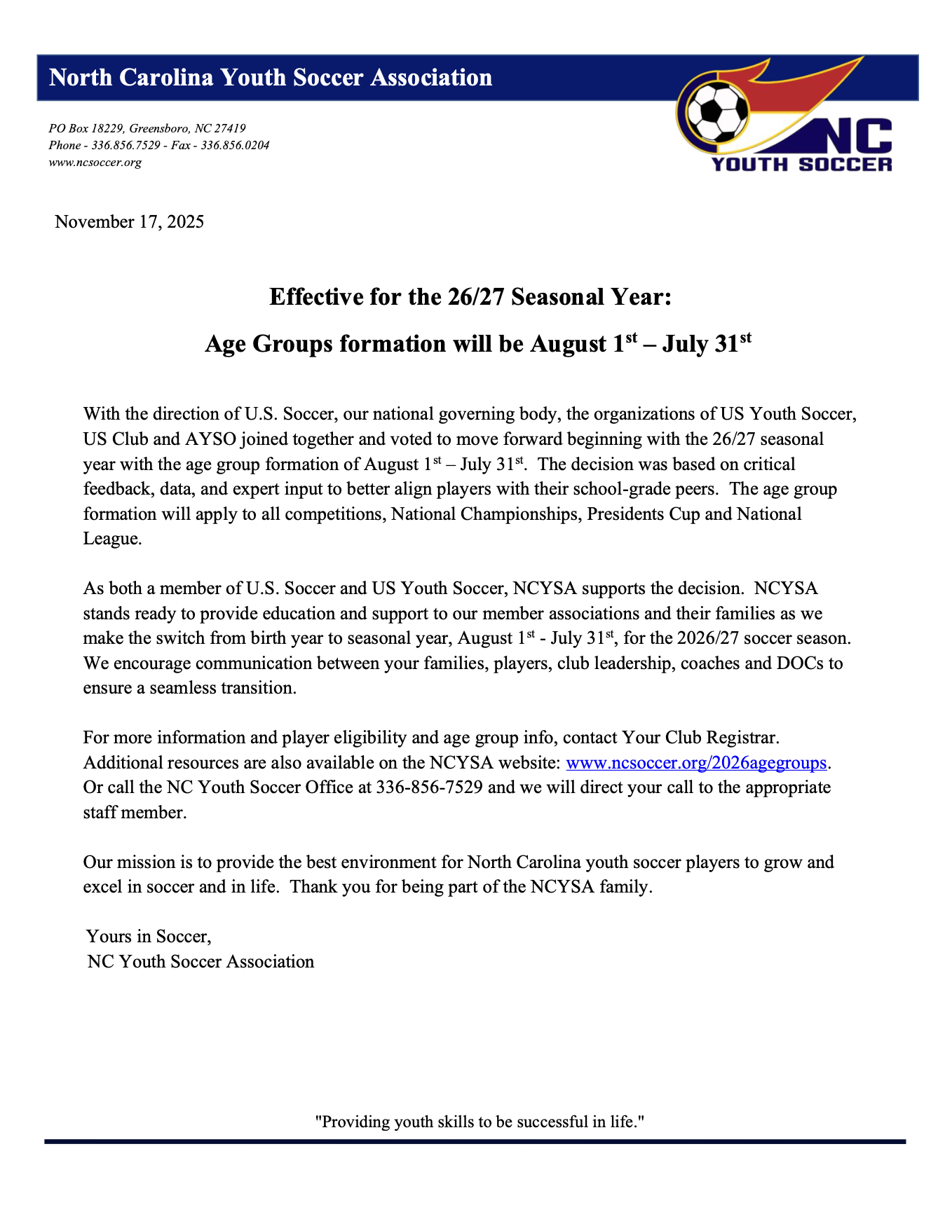 NCYSA Statement to Members