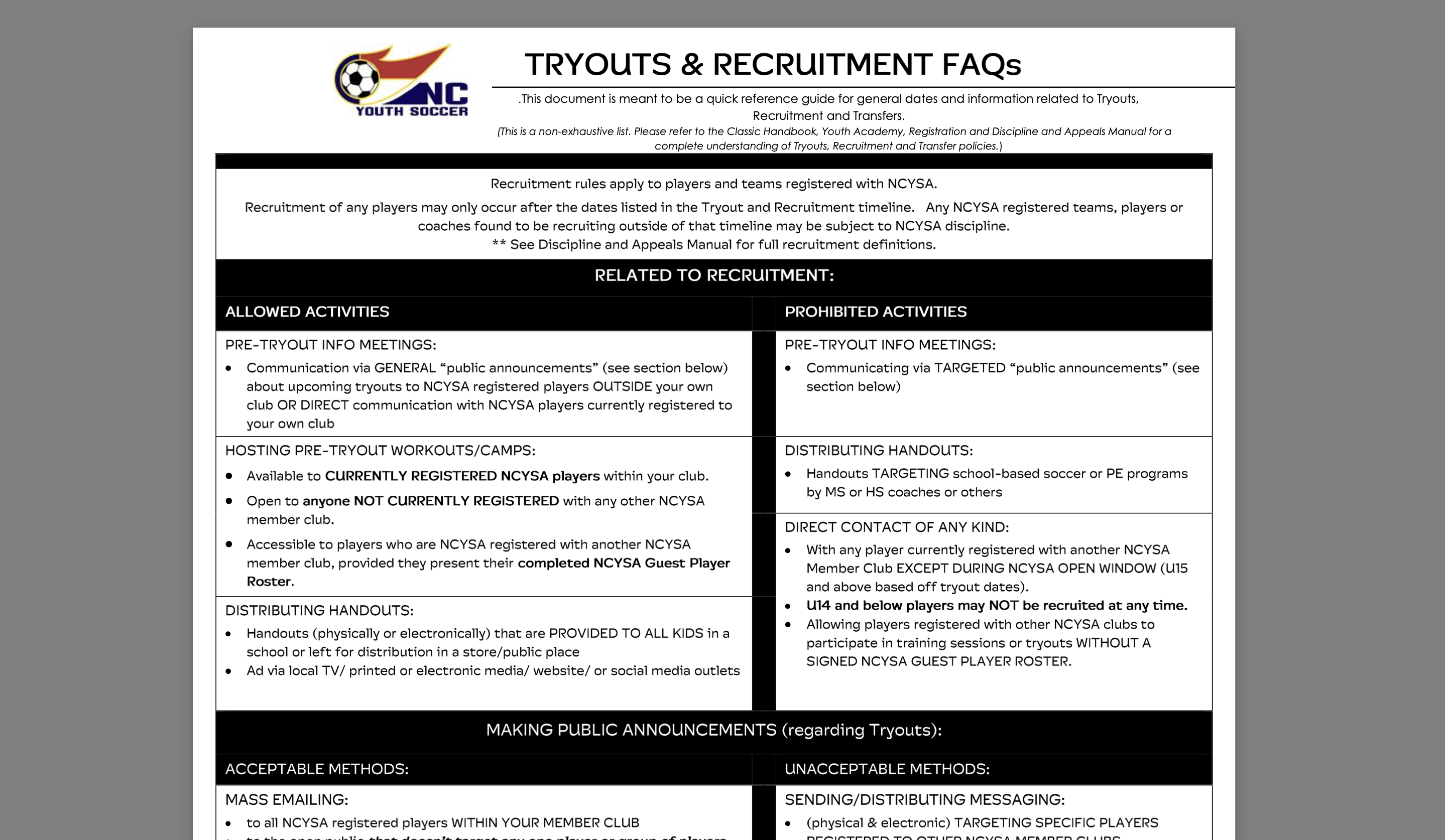 NCYSA Tryout Timeline 2026-27