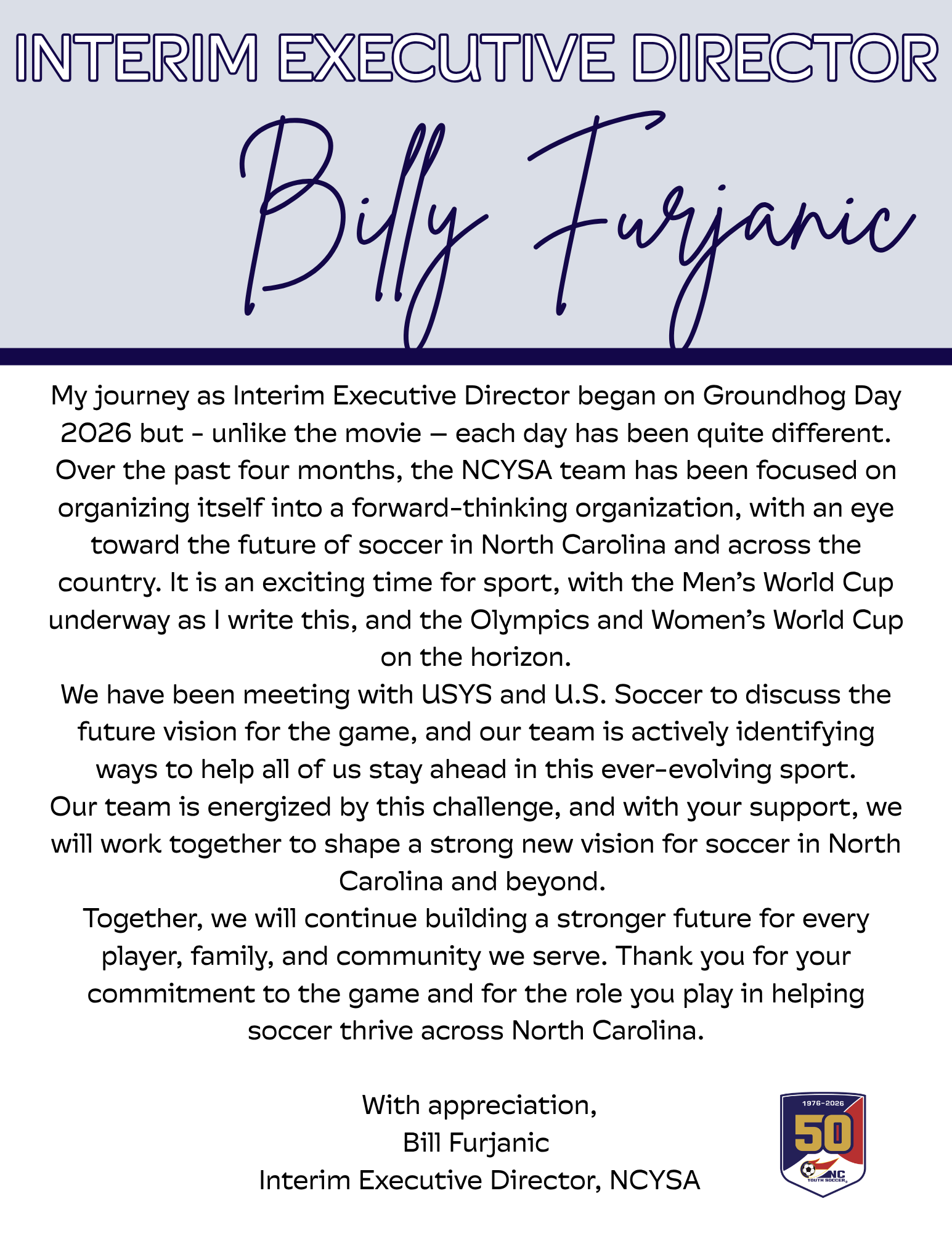 Message from Bill Furjanic, Interim Executive Director