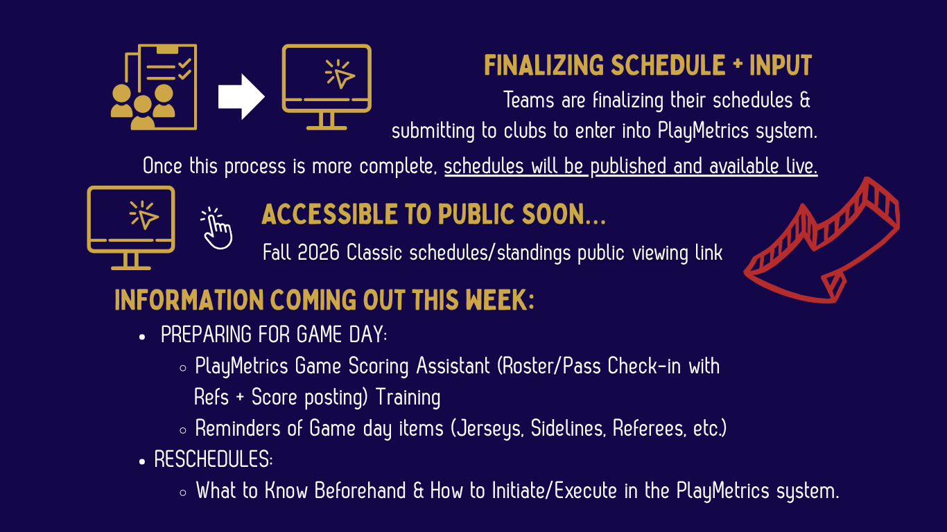 Fall 2026 Classic schedule status: finalizing schedule and input, public viewing link coming soon, game day preparation and reschedule information